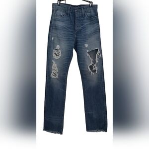 Blue Straight Distressed Jeans with Faded Look